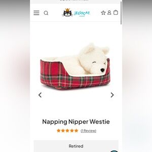 Retired Jellycat Napping Nipper Westie Plush Dog in Plaid Bed